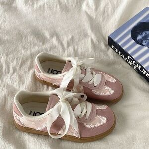 Pink Lace Sneakers with White Ribbon